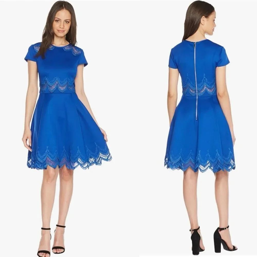 Ted Baker London Blue Rehanna A-Line Embroidered Lace Scalloped Skater Dress S